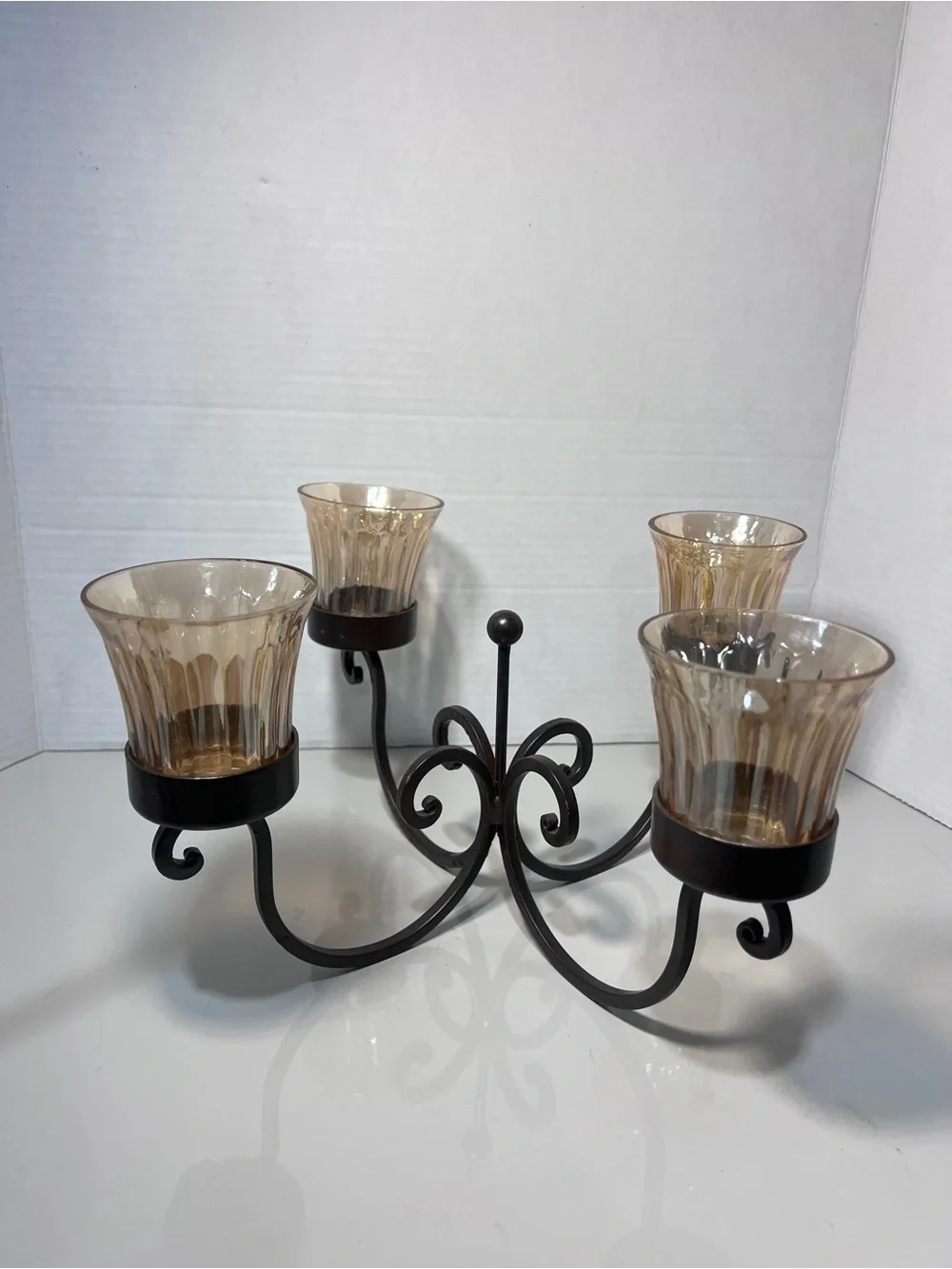 4 Arm Amber Glass Votive Candle Holder Scroll Metal Candelabra Tuscan Decor
